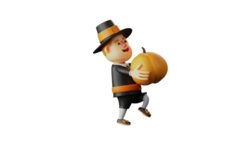 3D Illustration. Attractive Thanksgiving Pilgrim 3D Cartoon Character. Thanksgiving Pilgrim raised a big pumpkin. Thanksgiving Pilgrim shows an objections expression. 3D cartoon character png