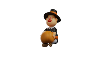 3D Illustration. Sweet Thanksgiving Pilgrim 3D Cartoon Character. Thanksgiving Pilgrim sat while holding a pumpkin. Thanksgiving Pilgrim smiled happily. 3D cartoon character png