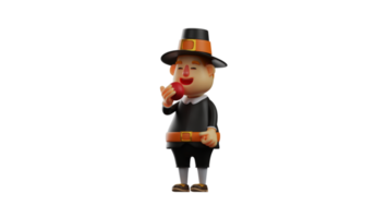 3D Illustration. Good Thanksgiving Pilgrim 3D cartoon character. Thanksgiving Pilgrim stood up and will bite the red apple he brought. Thanksgiving Pilgrim feels hungry. 3D cartoon character png