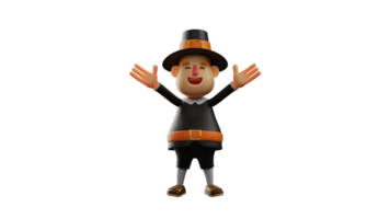 3D illustration. Cheerful Thanksgiving Pilgrim 3D cartoon character. The Thanksgiving pilgrim stretches his arms up. Thanksgiving Pilgrim laughed and showed a happy face. 3D cartoon character png