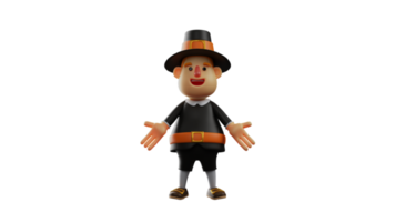 3D illustration. Thanksgiving Pilgrim Kids 3D cartoon character. The Thanksgiving pilgrim stretches his arms downwards. Thanksgiving Pilgrim smiling happily. 3D cartoon character png