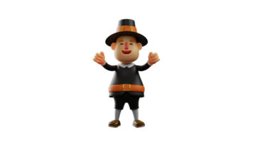 3D illustration. Cute Thanksgiving Pilgrim 3D cartoon character. The Thanksgiving pilgrim clenched his fists forward. Thanksgiving pilgrims laugh happily. 3D cartoon character png