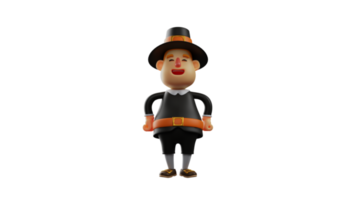 3D illustration. Happy Thanksgiving Pilgrim 3D cartoon character. The Thanksgiving pilgrim places his hands on his waist. Thanksgiving pilgrim laugh happily. 3D cartoon character png