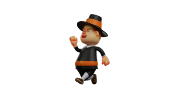 3D illustration. Cheerful Thanksgiving Pilgrim 3D cartoon character. Thanksgiving pilgrim in walking pose. The Thanksgiving pilgrim walked over and showed a cheerful expression. 3D cartoon character png