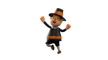3D illustration. Adorable Thanksgiving Pilgrim 3D cartoon character. Thanksgiving pilgrim raised his hands and showed a happy expression. Thanksgiving pilgrim laugh while jumping. 3D cartoon character png