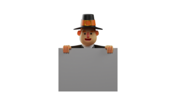 3D illustration. Smart Thanksgiving Pilgrim 3D cartoon character. Thanksgiving pilgrim holding a wide white board. Thanksgiving pilgrim holding a board showing his happy face. 3D cartoon character png