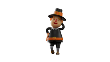 3D illustration. Cute Thanksgiving Pilgrim 3D cartoon character. Thanksgiving pilgrim smiled while scratching the back of his head. The Thanksgiving pilgrim smiled shyly. 3D cartoon character png