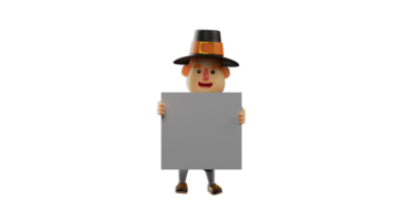 3D illustration. Cute Thanksgiving Pilgrim 3D cartoon character. Thanksgiving pilgrim standing holding white paper. Thanksgiving pilgrim smiles and shows the paper to anyone. 3D cartoon character png