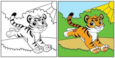 Coloring for kids cute running tiger cub vector illustration