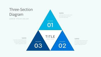 Tres sección diagrama infografia elementos, azul triángulo diseño modelo con Tres opciones vector