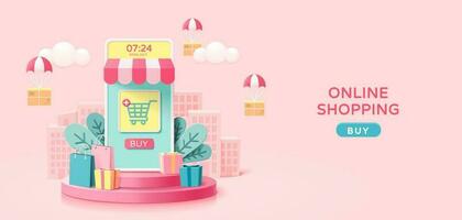 Online shopping concept in minimal 3D illustration, with mobile phone store set on round podium vector
