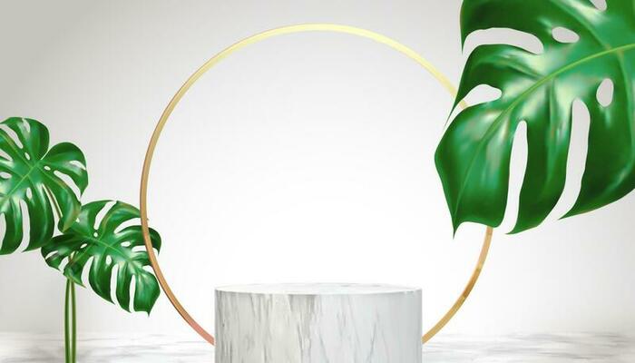 Round podium with leaves and golden ring backdrop for displaying products in 3d illustration