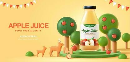 Fresh apple juice advertisement in 3d illustration, realistic bottle with apple trees around and wooden toy deers over a yellow background vector