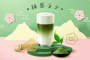 Japanese matcha latte ad in 3d illustration, tea glass cup set on minimal paper cut mountain background, Translation, Matcha Latte vector