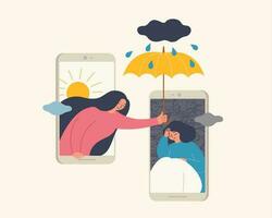 Flat design of woman holding umbrella on her upset friend on mobile phone screen, representing a woman helping and comforting her friend over phone vector