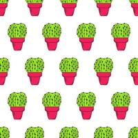 Seamless Pattern with Colored Cacti In Pots With Outline, Echinocactus vector