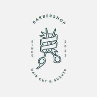 barbershop line art logo vector illustration template design