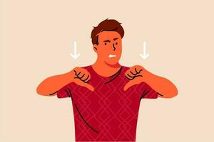 Denial, dissapproval, dissapointment, negativity, emotion concept. Young unhappy dissatisfied man or guy showing thumds down. Negative reaction expressions gesture and dissagreement illustration. vector