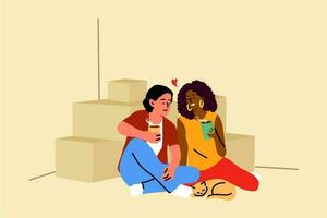 Repair, buy, home, couple, removal concept. Young happy smiling boyfriend girlfriend man woman sitting on floor with boxes drinking coffee. Buying new apartment or moving in empty house illustration. vector