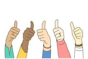 Success, approval, goal achievement, multiethnicity concept. Group multiethnic people happy clients hands showing approving ok sign or confirm with thumbs up. High level quality product customer rate. vector