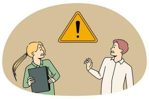 Frustrated businesspeople scared of warning sign vector