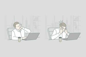 Business, stress, work, problem set concept. Young tired exhaused businessman has serious problem on work and tries to find solution. Overworking causes raise of stress level. Simple flat vector