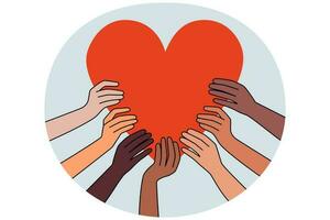 Diverse hands hold huge heart share love vector