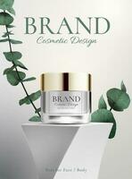 Body and face cosmetic product on a abstract design stand with a plant on white background in 3d illustration vector