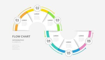 fluir gráfico infografía elementos con dos semicírculos y seis pasos vector