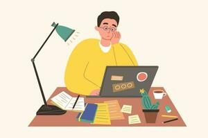 Flat design illustration of man working on laptop while sitting at desk at home vector