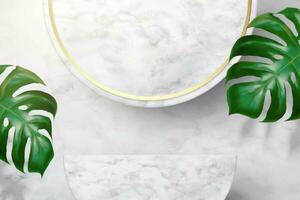 White marble podium with big green leaves. Scene stage mockup Showcase for new product, promotion sale in 3d illustration vector