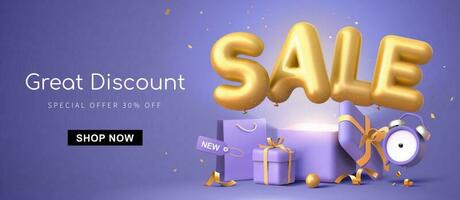 Great discount banner design with 3d rendering golden SALE balloon phrase on purple background with gift box, shopping bag and alarm clock elements vector