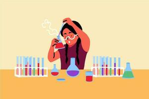 ciencia, química, educación, estudiar concepto. joven niño niño Chica de escuela personaje científico químico jugando con matraces o vasos de precipitados ajuste experimento. aprendizaje científico tema en laboratorio y afecto vector