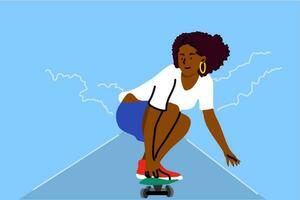 andar en patineta, deporte, recreación, Hora de verano concepto. joven africano americano mujer niña adolescente atleta personaje montando patineta y ejecutando trucos. activo verano extremo estilo de vida ilustración vector