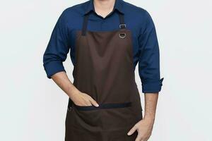 Asian Man wearing Apron in casual stylish clothing, standing tall pose with one hand in the apron pocket, confident gesture, no face, isolated white background photo