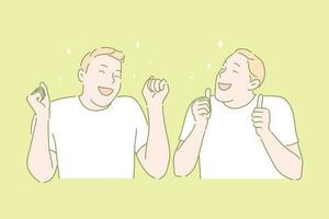 Joyful mood, happy person, winners emotions concept. Young man smiling, showing positive approval, like gesture. Satisfied boy, employee demonstrating Yes movement. Simple flat vector