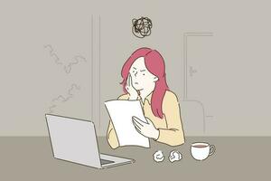 Creative crisis, burnout cartoon concept. Woman working with laptop, reading document with dissatisfied facial expression, student writing essay with several spoilt drafts. Simple flat vector