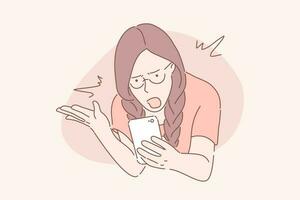 Anger, frustration, confusion concept. Nervous girl looking at smartphone screen. Furious teenager irritated with phone malfunction. Mad woman angry with bad message. Simple flat vector