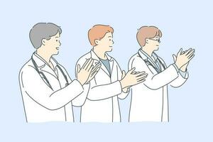 Medicine, applause, team, success concept. Group of young men hospital doctors medical workers cartoon characters hand clapping together. Goal achievement or support and congratulation illustration. vector