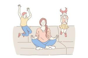 Motherhood, psychological balance concept. Mother meditating in lotus pose with excited kids jumping on sofa, relaxed mommy practicing yoga calming techniques. Simple flat vector