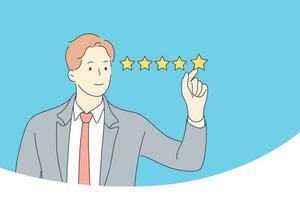 Rating, estimation, certification concept.Young businessman boy manager cartoon character putting top five star rank services. Online assessment market evaluation business verification illustration. vector