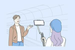 Blogging and vlogging, live video streaming, influencer opinion concept. Blogger, vlogger shooting video at underground station, create engaging content and social sharing. Simple flat vector