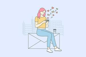 Communication, network, technology concept. Young woman girl teenager blogger character using smartphone with social media app for sending messages putting likes online. Addiction to remote chatting. vector