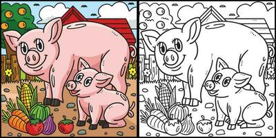 madre cerdo y cerdito colorante página ilustración vector