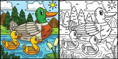 Mother Duck and Duckling Coloring Illustration vector