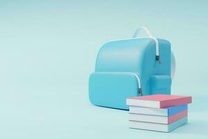 School bag cartoon bag minimal blue color with colorful books on blue background. the concept for Back to School 3d render illustration photo