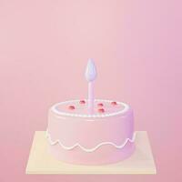 Cute birthday cake 3d rendering pink with a candle, Sweet cake for a surprise birthday, Valentine's Day on a pink background. photo