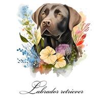 Watercolor single dog breed black labrador retriever with flowers. Guide dog, a disability assistance dog. Watercolor animal collection of dogs. Dog portrait. Illustration of Pet. photo