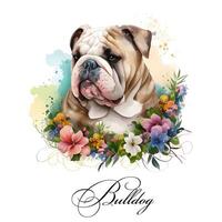 Watercolor illustration of a single dog breed bulldog with flowers. Guide dog, a disability assistance dog. Watercolor animal collection of dogs. Dog portrait. Illustration of Pet. photo