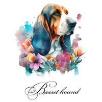 Watercolor illustration of a single dog breed basset hound with flowers. Guide dog, a disability assistance dog. Watercolor animal collection of dogs. Dog portrait. Illustration of Pet. photo